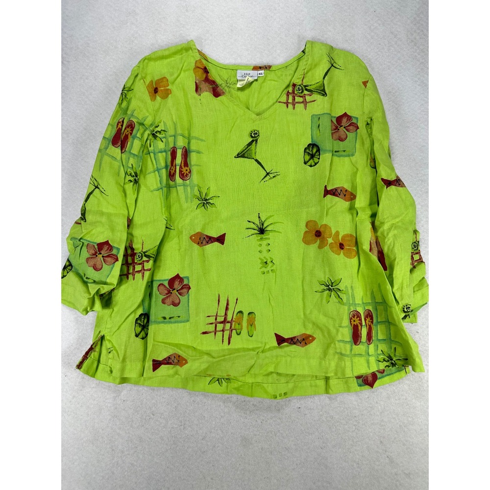 Hot Cotton Womens XL Linen V-Neck Top Lime Green Tropical Martini Print Blouse